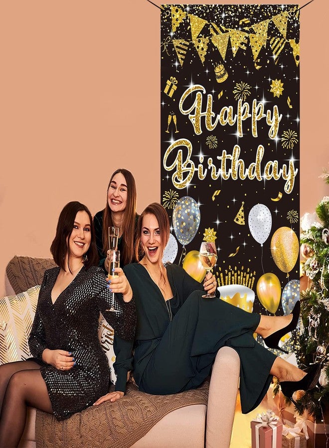 GYA 3x6ft Black Gold Birthday Door Banner Glitter Sequin Happy Birthday Background Cake Balloons Gifts Backdrops Girl Boy Men Women Bday Celebration Party Decor - Image 2
